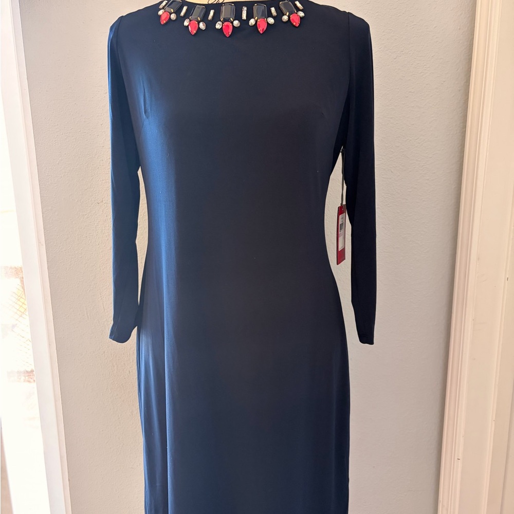 Vince Camuto Navy Dress with Jewel Neckline